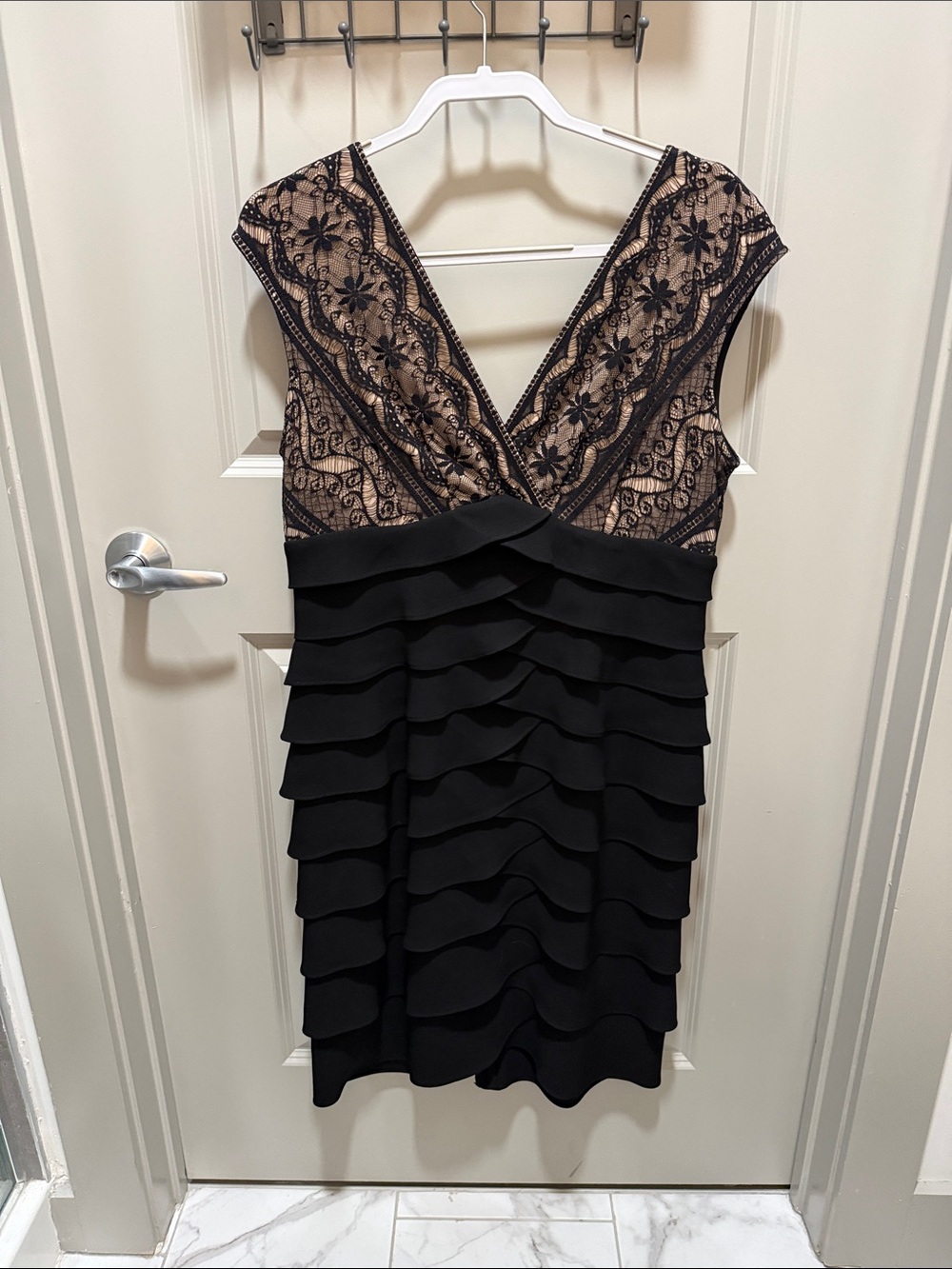 Jessica Howard Black Lace & Nude Illusion V-Neck Ruffle Dress